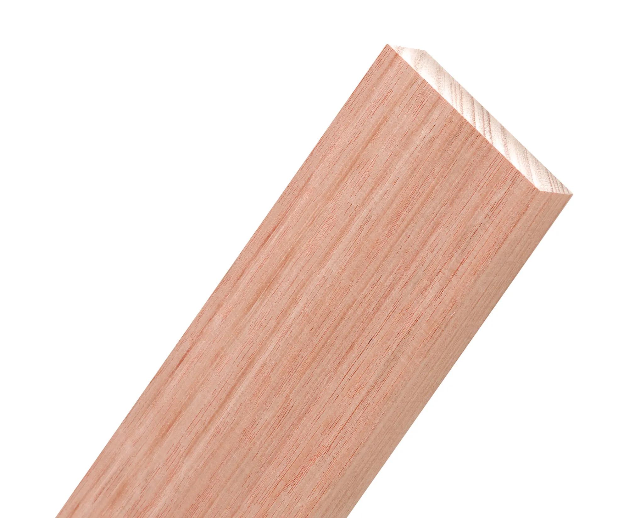 Close-up of a Meranti timber board angled against a white background