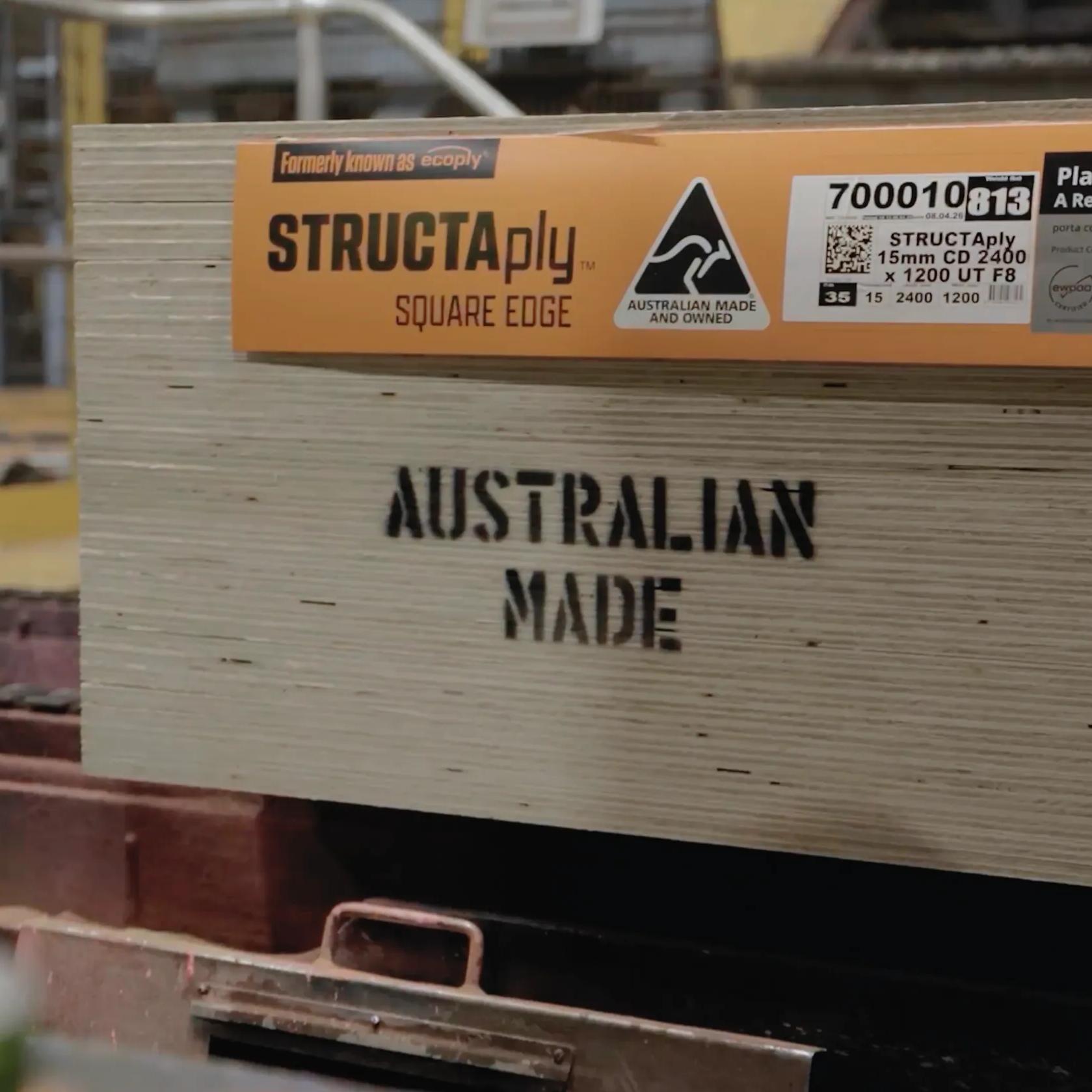 STRUCTAply square-edge plywood sheet with Australian-made marking in a manufacturing setting