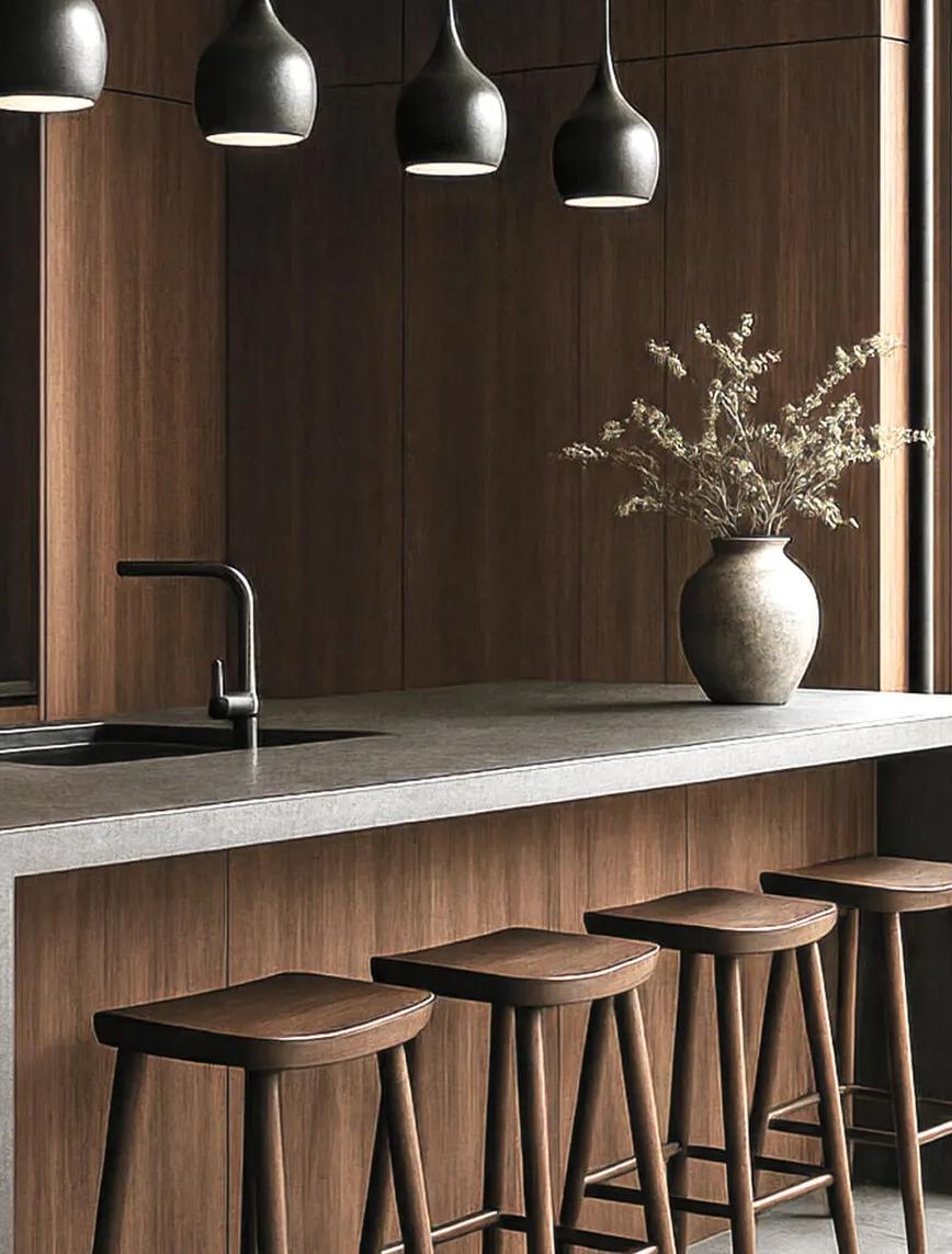 A luxurious kitchen with a modern aesthetic, featuring dark wood cabinetry, island countertop, stainless steel appliances, and pendant lighting hanging above a bar-style counter with stools