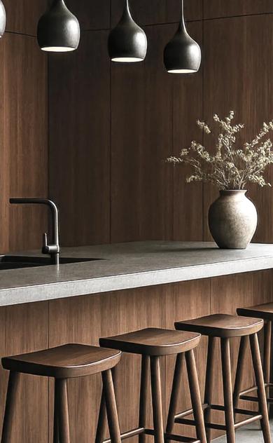A luxurious kitchen with a modern aesthetic, featuring dark wood cabinetry, island countertop, stainless steel appliances, and pendant lighting hanging above a bar-style counter with stools
