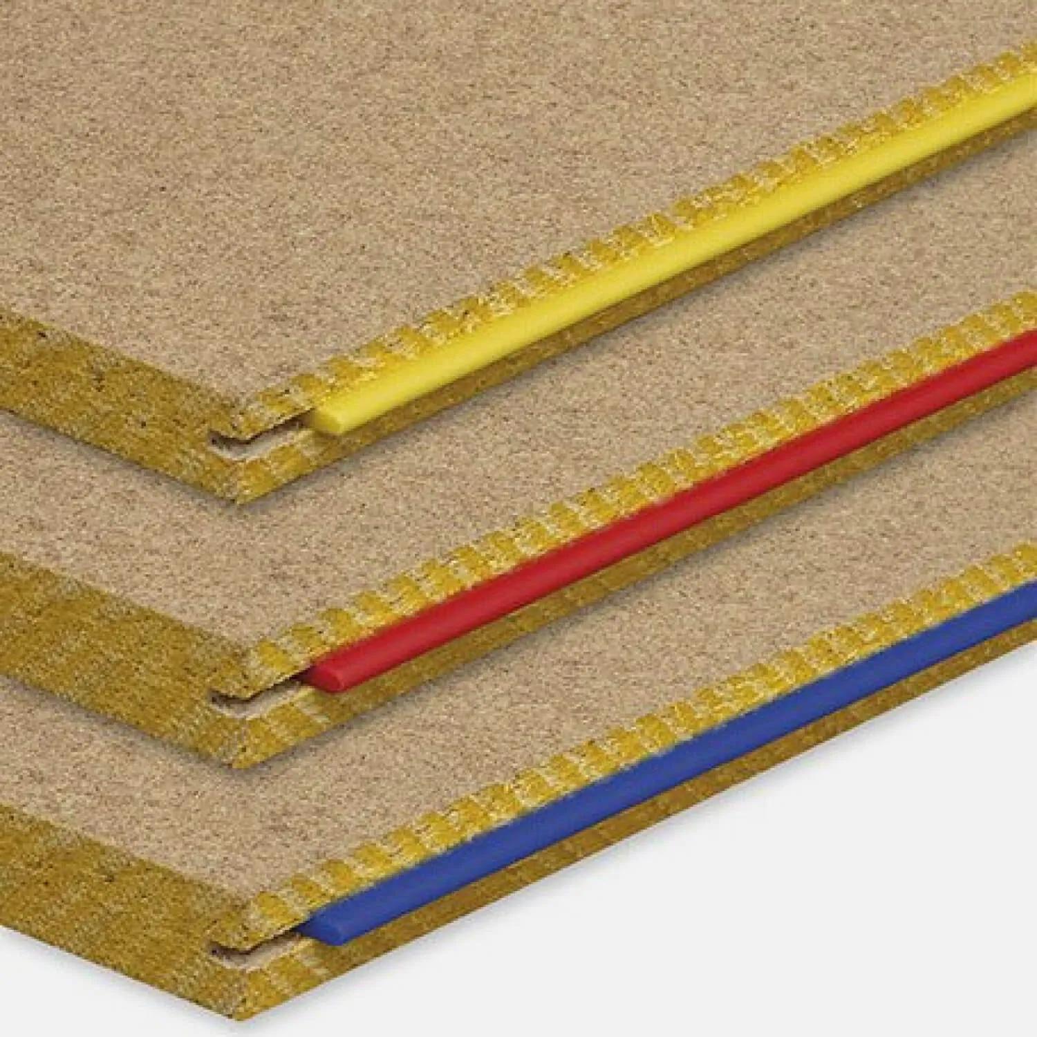 Three stacked STRUCTAflor panels with Blue tongue and Red tongue edges visible