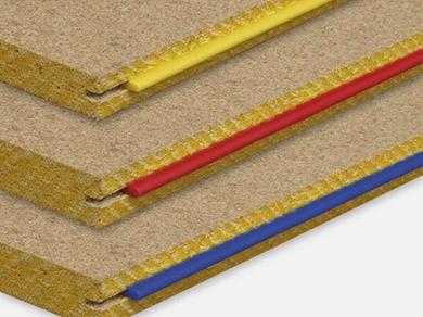Three stacked STRUCTAflor panels with Blue tongue and Red tongue edges visible
