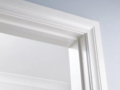 A closeup of installed Porta archtrave corner