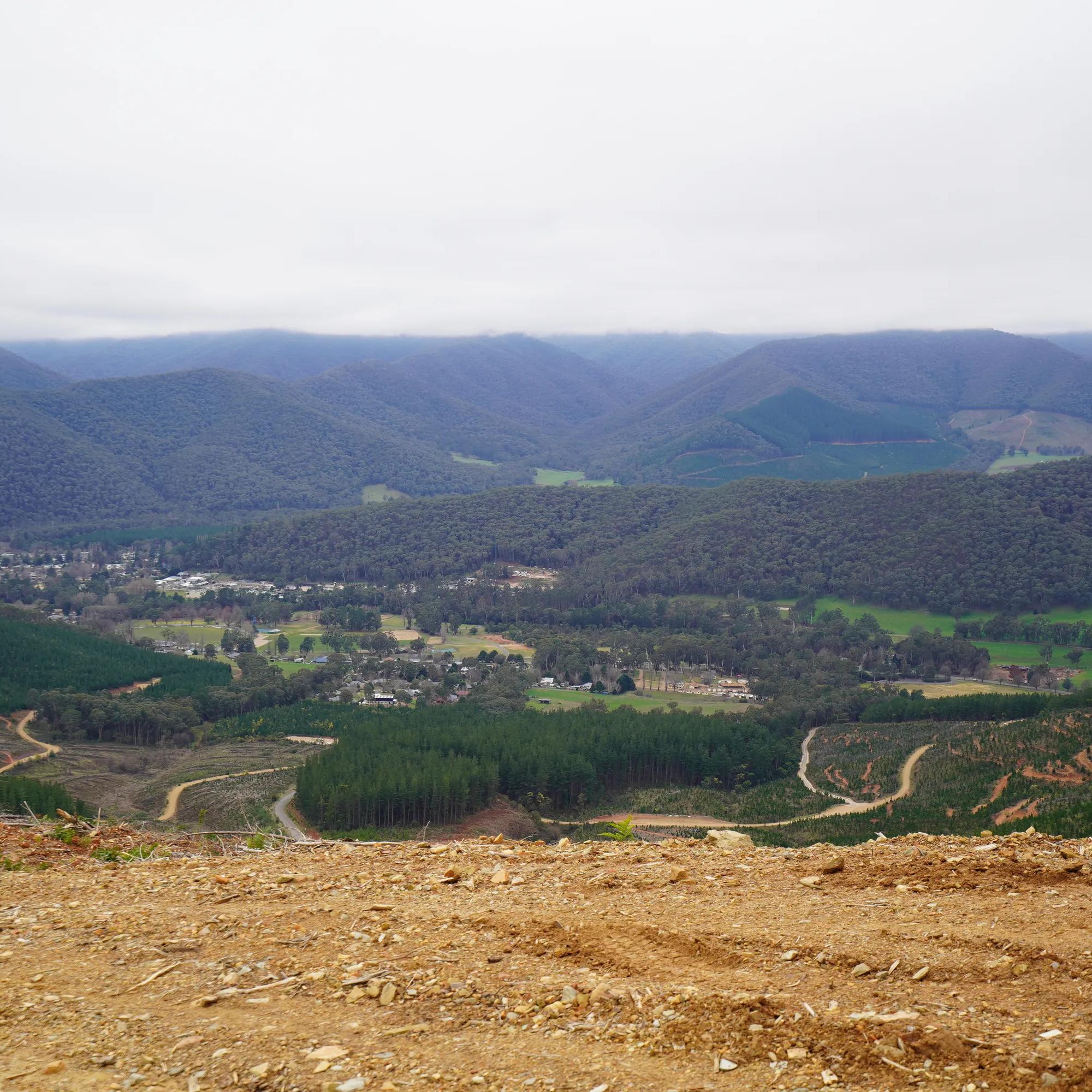 Panoramic view of forested hills, farmland and a rural settlement from a cleared hillside