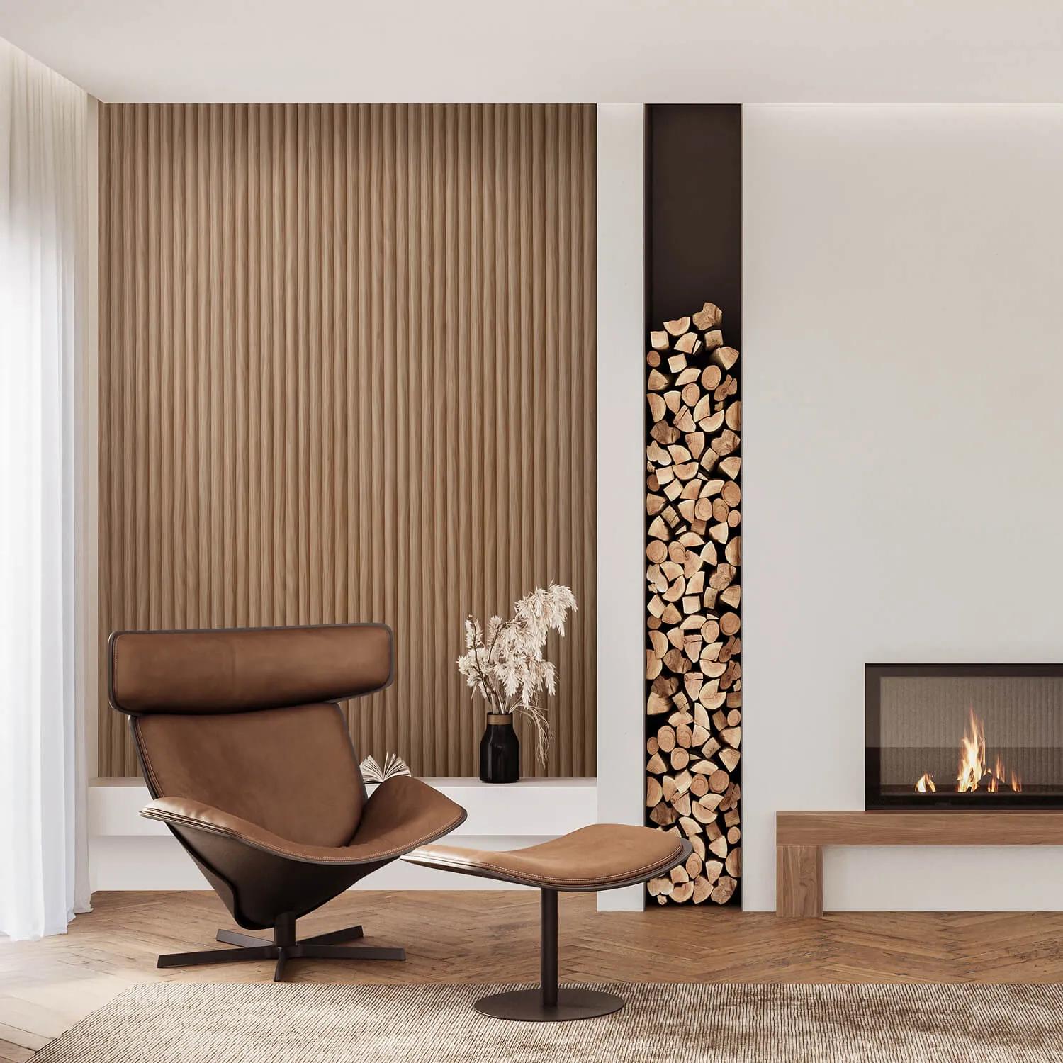 Large room featuring modern furniture. A wooden bench against a wall, two sofas in a living area, a fireplace, and a large window. The color scheme includes shades of brown and white with a touch of black for accents