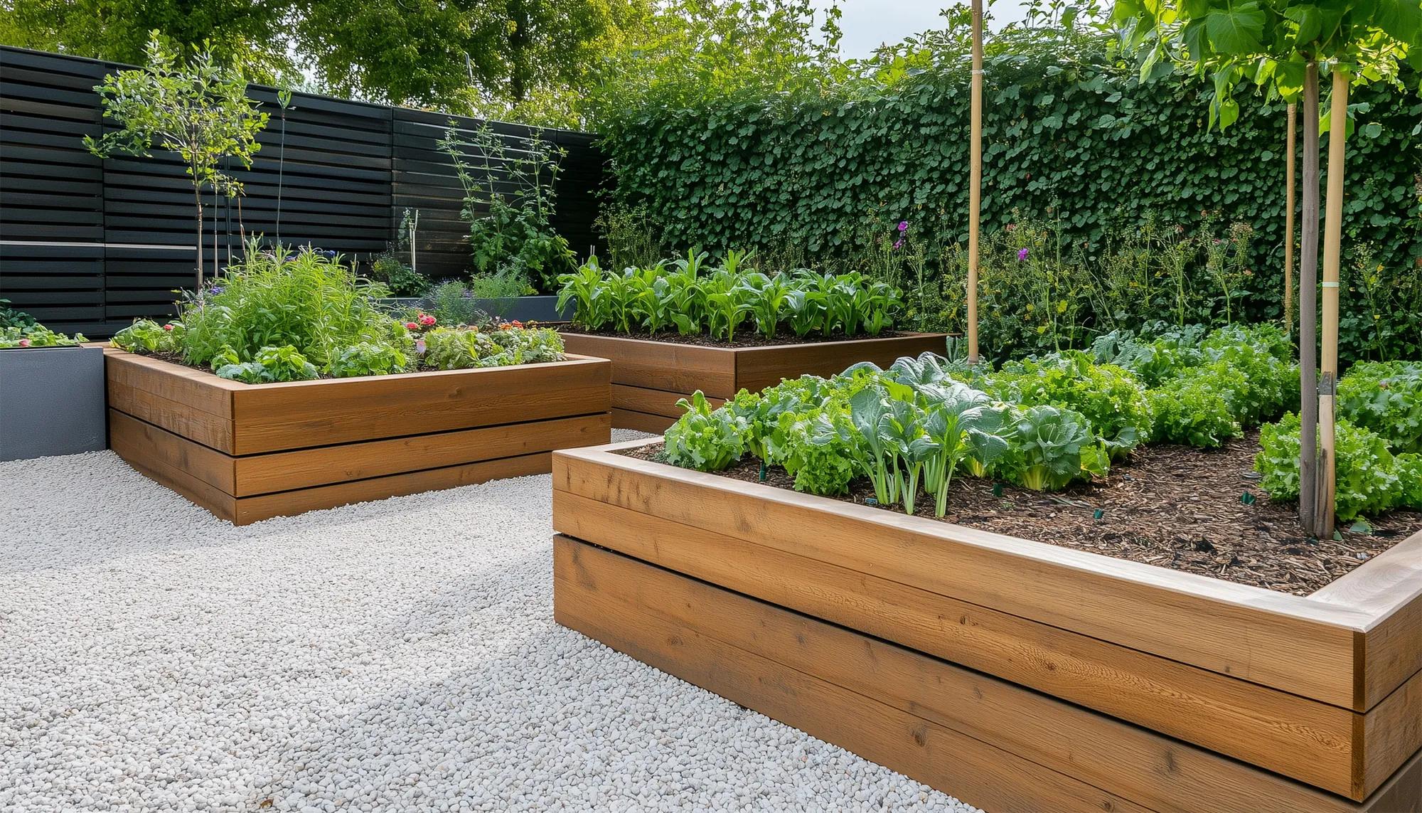 A garden area with wooden raised beds containing plants