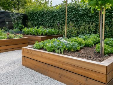 A garden area with wooden raised beds containing plants