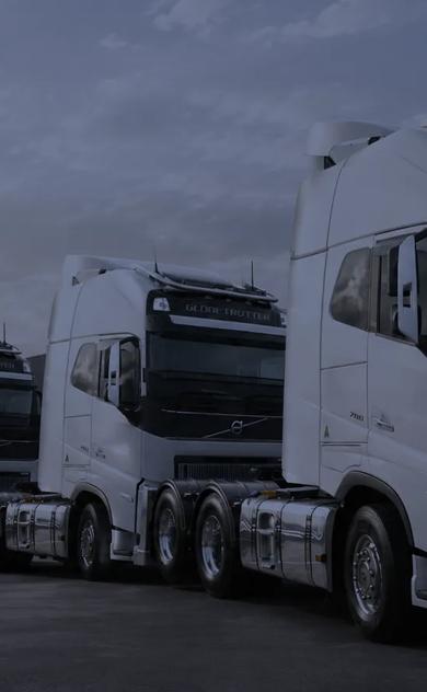 Fleet of trucks lined up in a row with the sun setting in the background