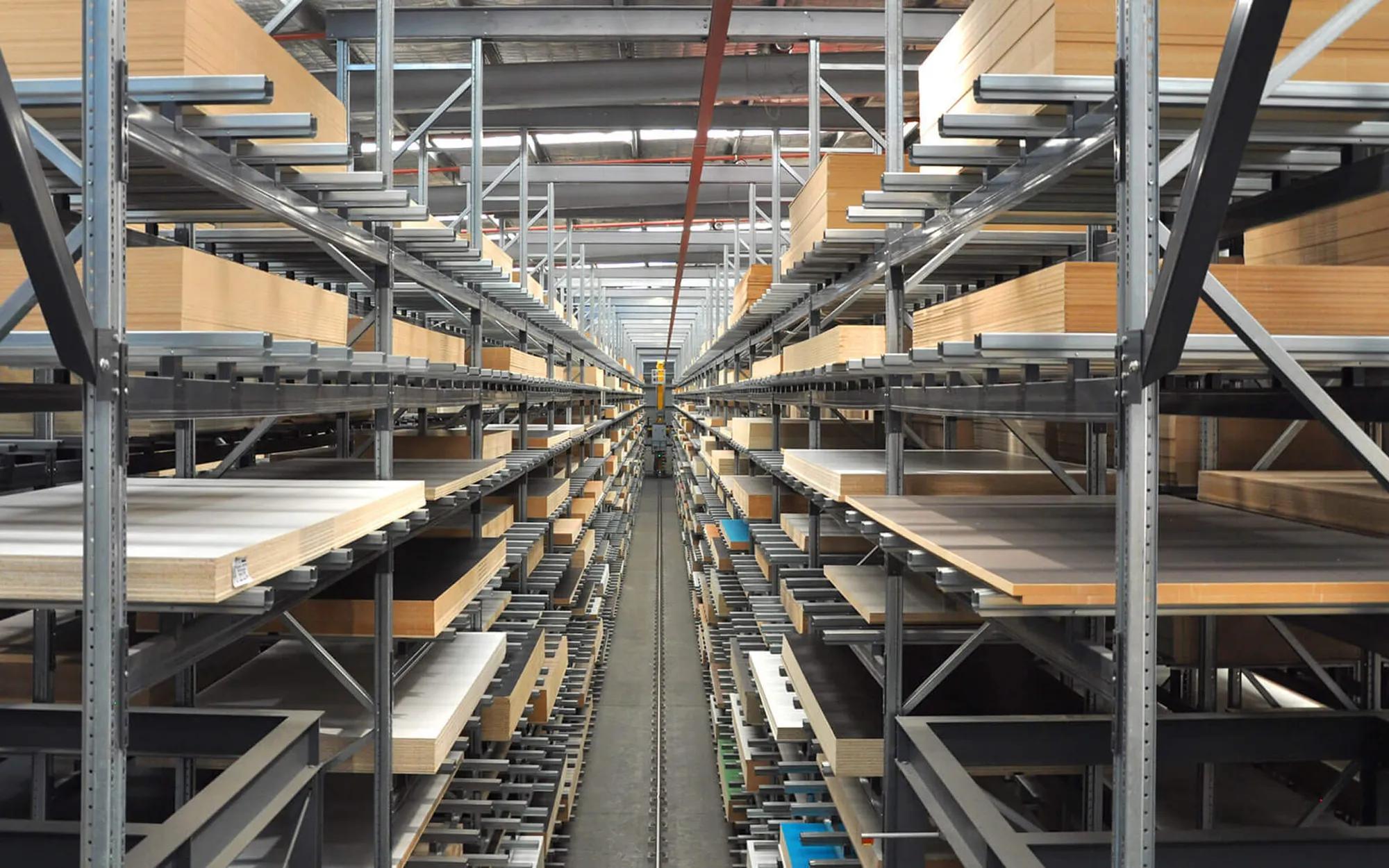 Empty warehouse shelves in a building