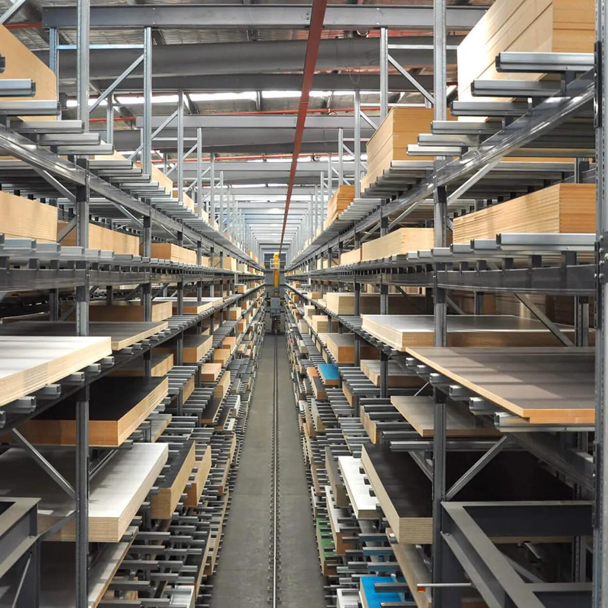 Empty warehouse shelves in a building