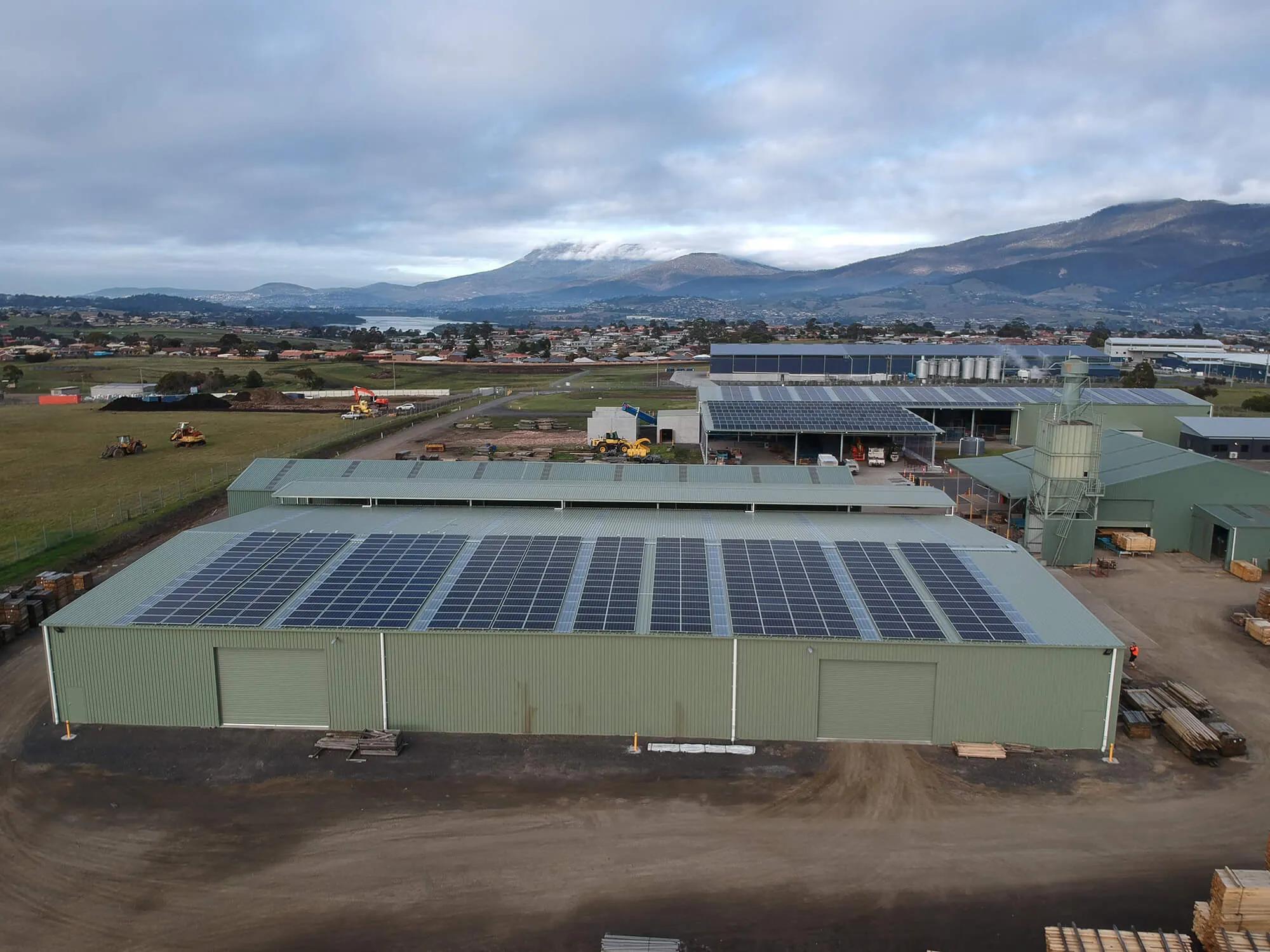 Large solar panel farm in open field under blue sky
