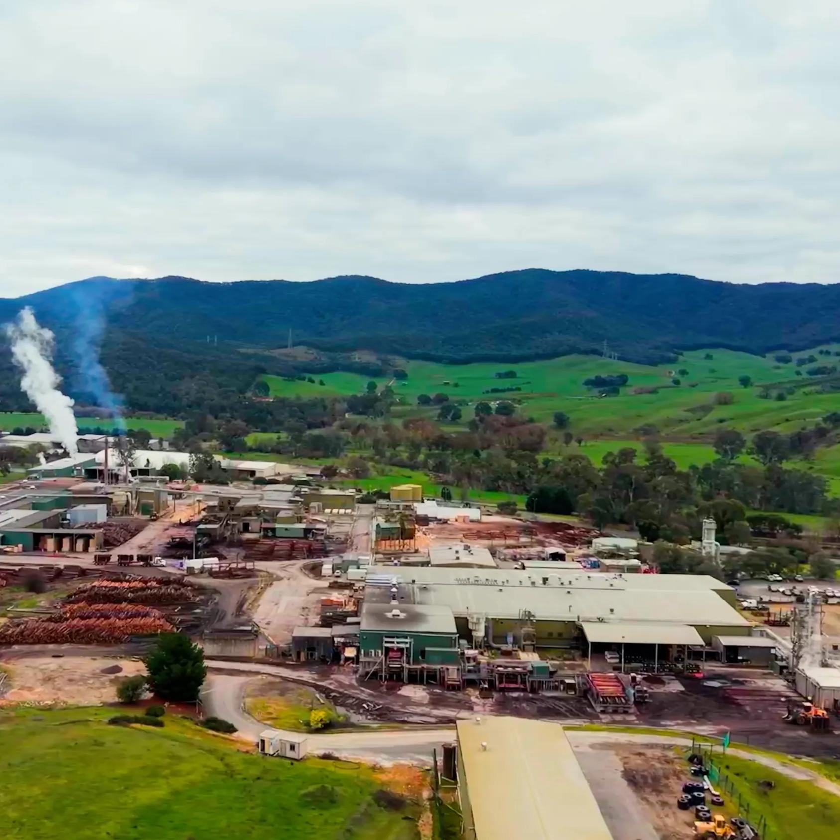 Aerial view of the STRUCTAply manufacturing facility in a green rural valley