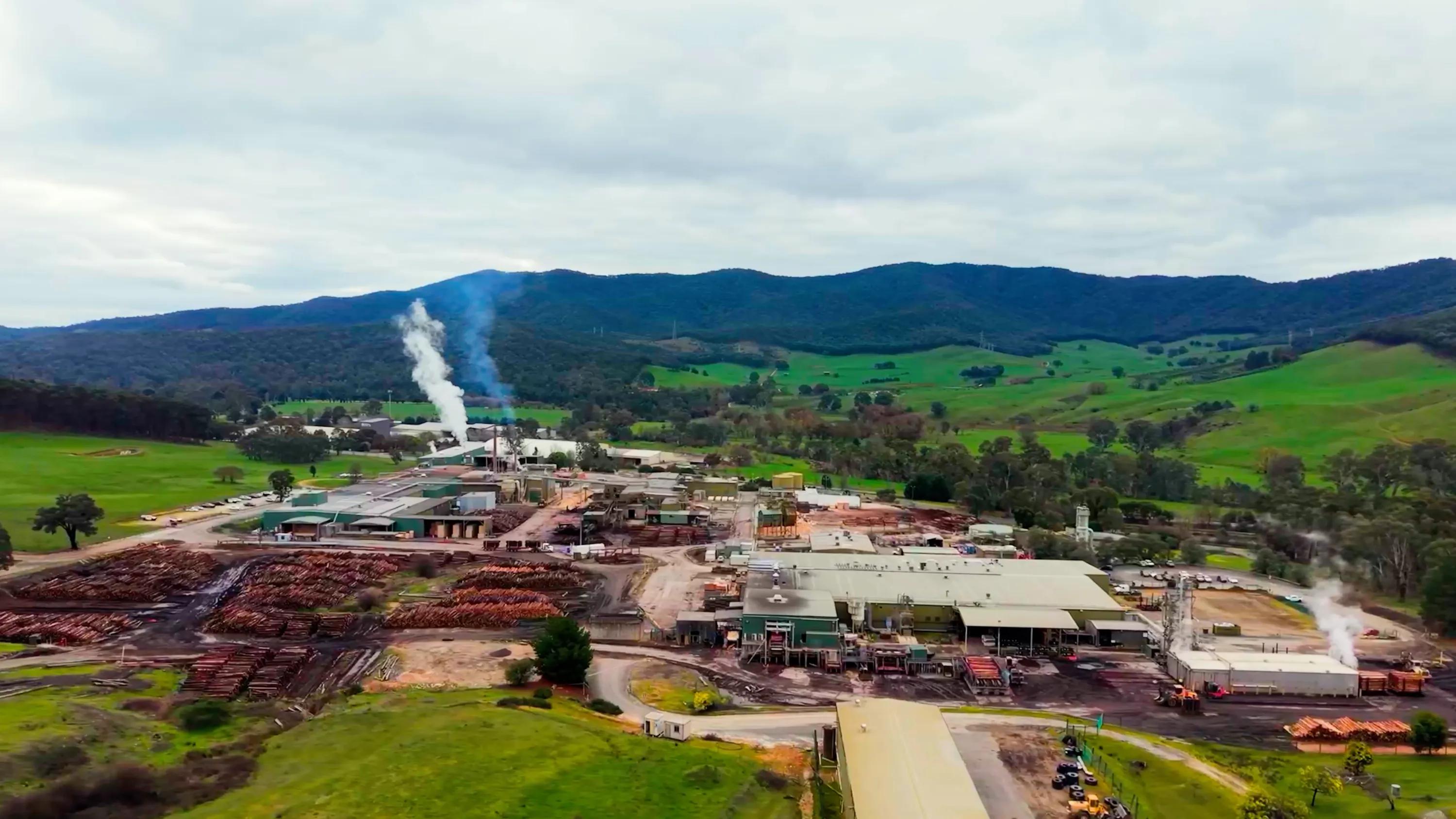 Aerial view of the STRUCTAply manufacturing facility in a green rural valley