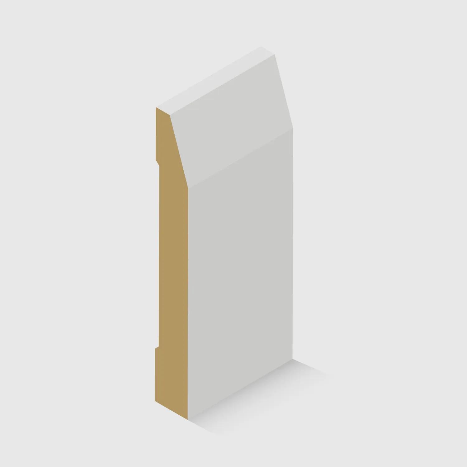 A timber skirting board with an angled top edge and a small stepped detail near the back in White Primed MDF 140 x 18mm