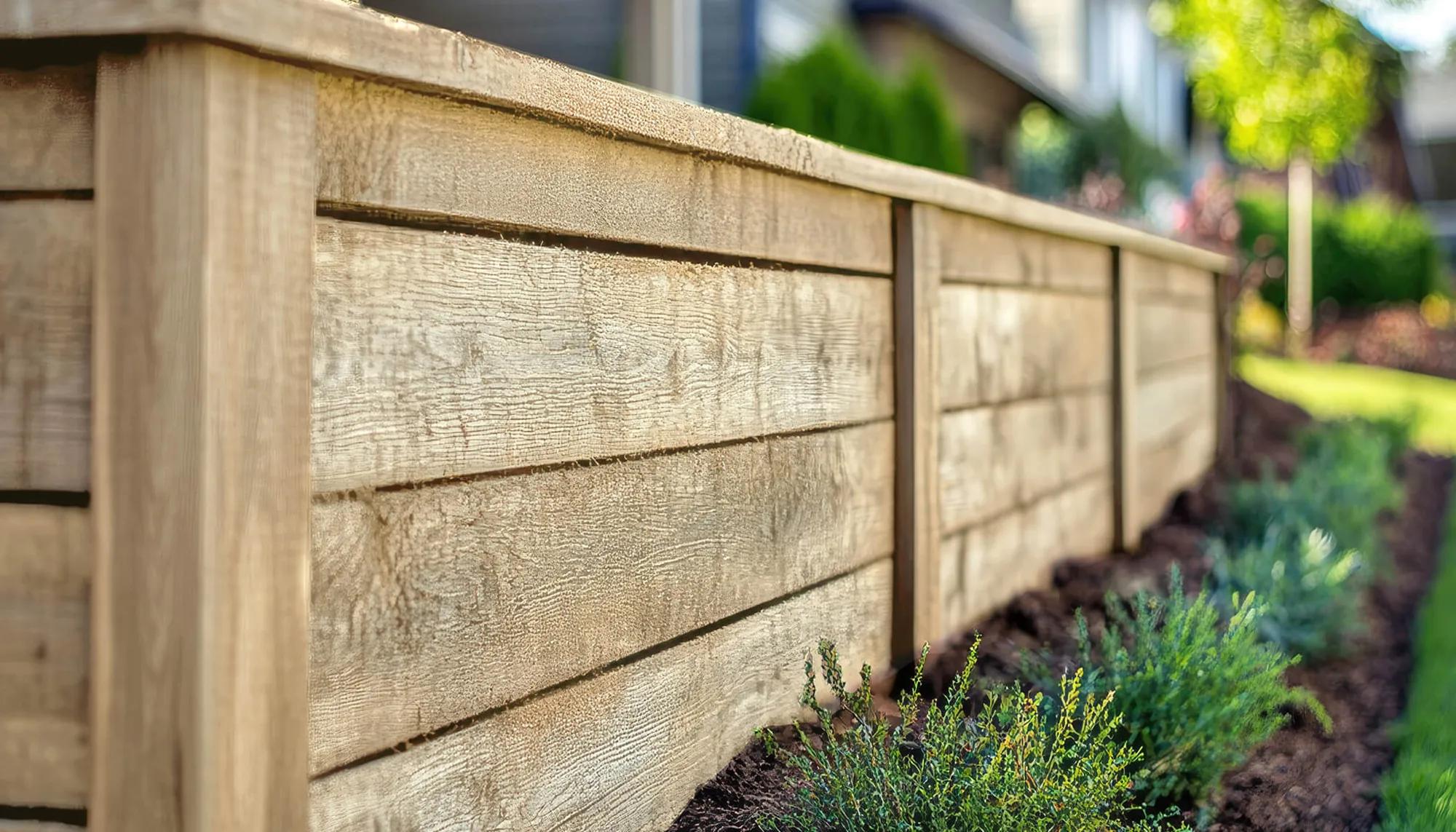 A horizontal section of a fence made of vertical wooden slats with a weathered appearance, planted in a garden bed with dark mulch beneath. There are no visible texts or distinguishing marks indicating a brand or manufacturer of the fence material