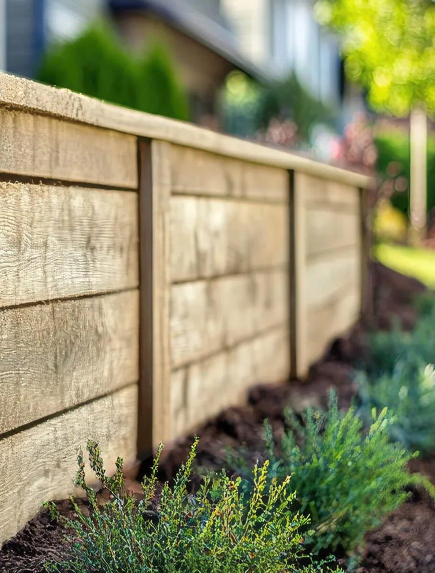A horizontal section of a fence made of vertical wooden slats with a weathered appearance, planted in a garden bed with dark mulch beneath. There are no visible texts or distinguishing marks indicating a brand or manufacturer of the fence material