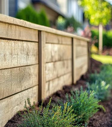 A horizontal section of a fence made of vertical wooden slats with a weathered appearance, planted in a garden bed with dark mulch beneath. There are no visible texts or distinguishing marks indicating a brand or manufacturer of the fence material