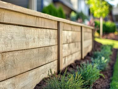 A horizontal section of a fence made of vertical wooden slats with a weathered appearance, planted in a garden bed with dark mulch beneath. There are no visible texts or distinguishing marks indicating a brand or manufacturer of the fence material