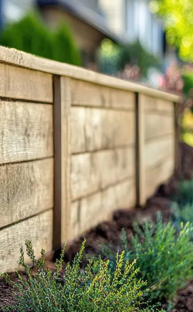 A horizontal section of a fence made of vertical wooden slats with a weathered appearance, planted in a garden bed with dark mulch beneath. There are no visible texts or distinguishing marks indicating a brand or manufacturer of the fence material