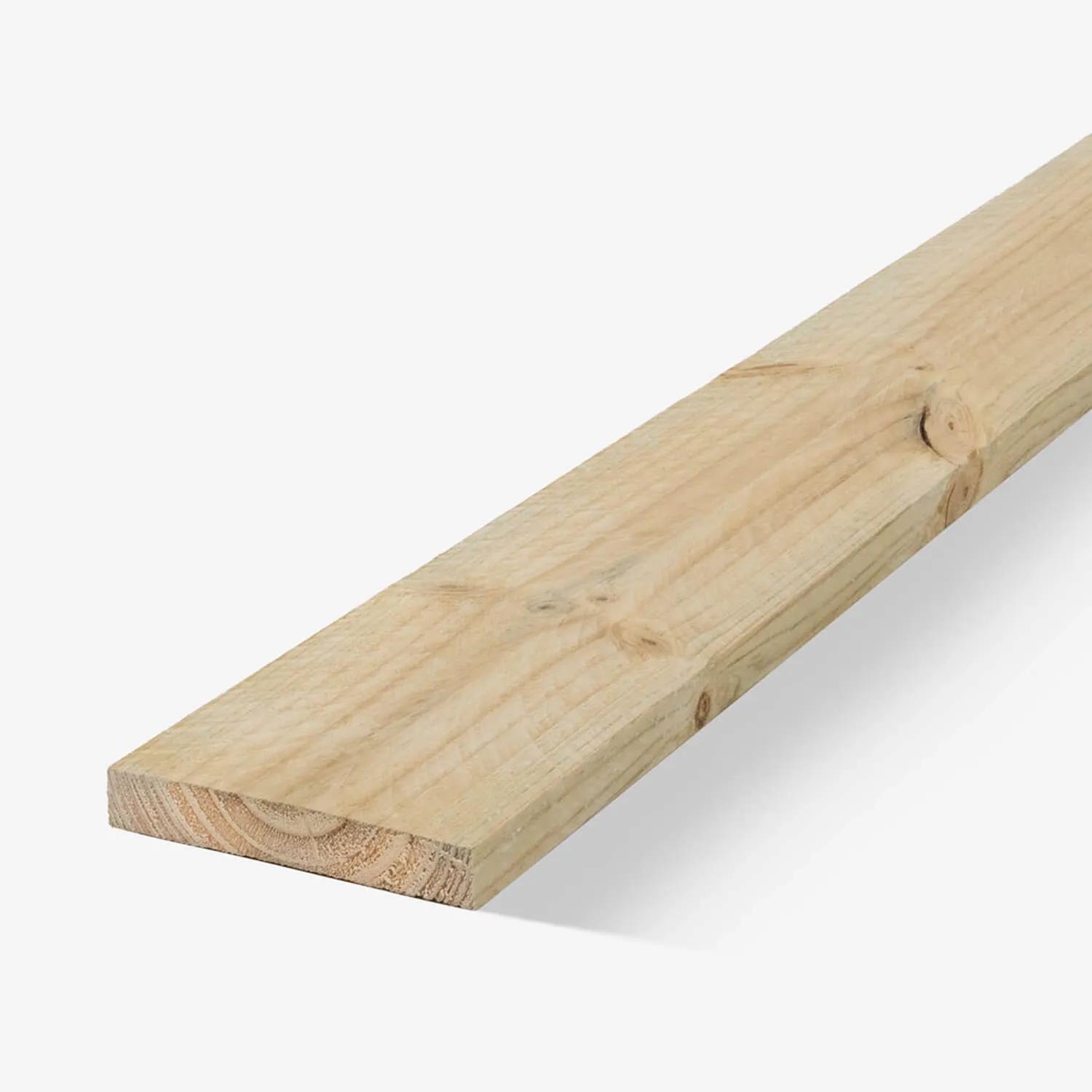 A single piece of building material, specifically what appears to be a wooden plank or board. This item has a visible grain texture and is shown against a plain background. It features a natural wood color and is placed horizontally, providing a clear view of its structure. There are no texts or additional elements present in the image