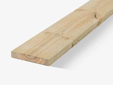 A single piece of building material, specifically what appears to be a wooden plank or board. This item has a visible grain texture and is shown against a plain background. It features a natural wood color and is placed horizontally, providing a clear view of its structure. There are no texts or additional elements present in the image