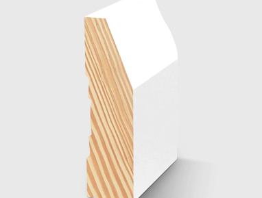 A timber skirting board with an angled top edge and a small stepped detail near the back in Primed FJ Pine 66 x 18mm