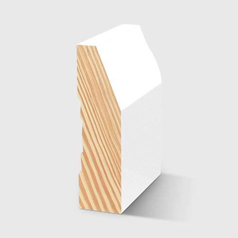 A timber skirting board with an angled top edge and a small stepped detail near the back in Primed FJ Pine 66 x 18mm