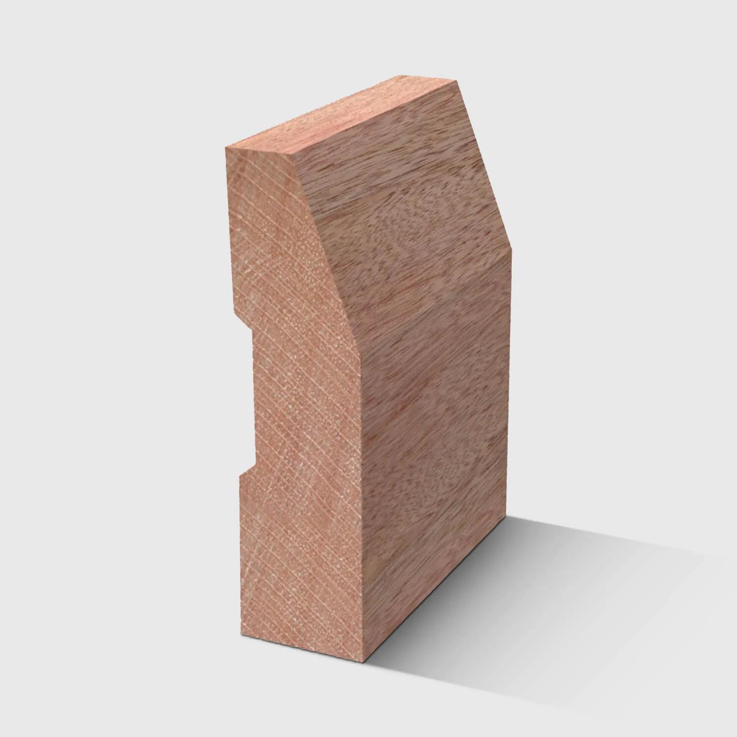 A timber skirting board with an angled top edge and a small stepped detail near the back in Meranti 66 x 18mm