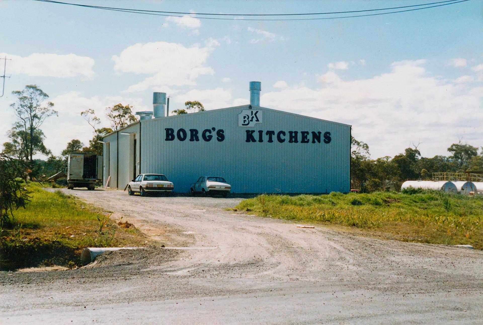 Small factory shed with Borg Kitchens sign