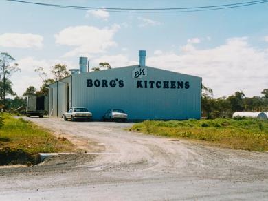 Small factory shed with Borg Kitchens sign