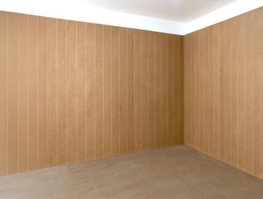 Empty room with tan wall tiles