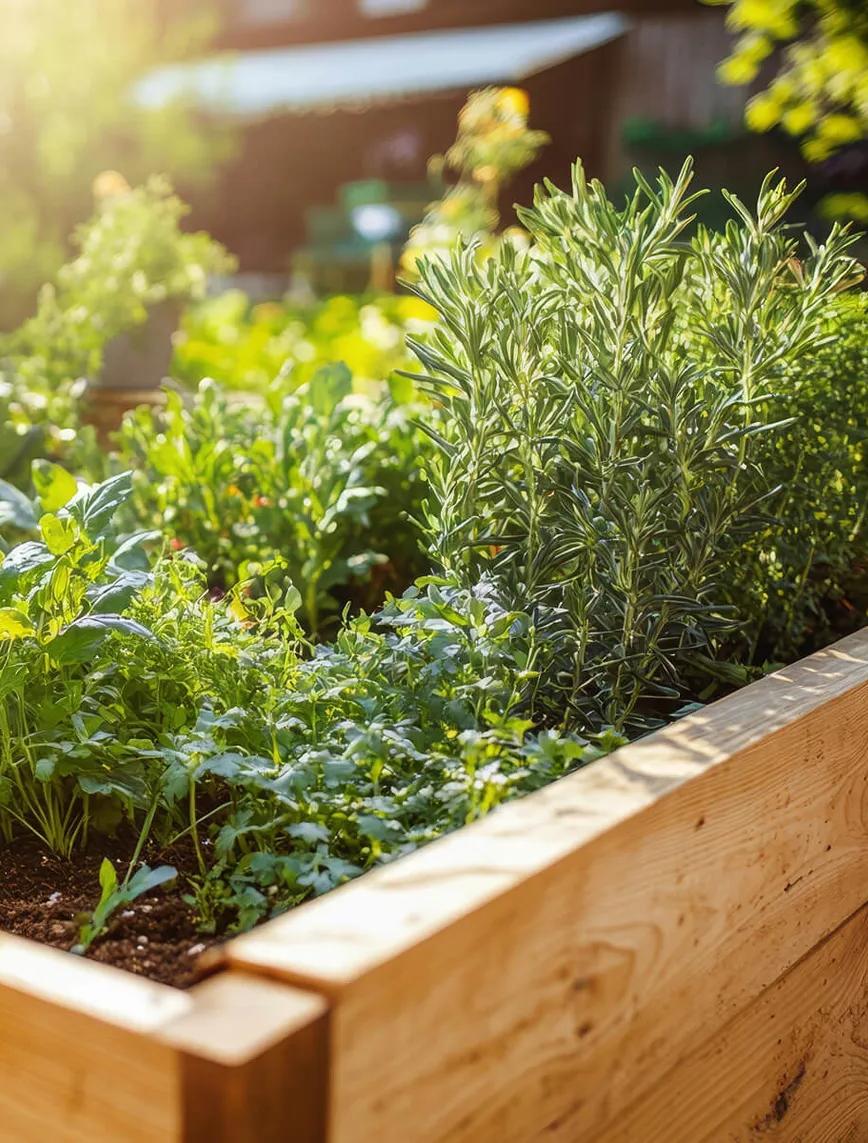 A well-tended garden with a variety of plants in planter boxes