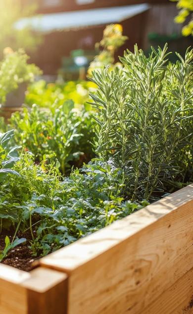 A well-tended garden with a variety of plants in planter boxes