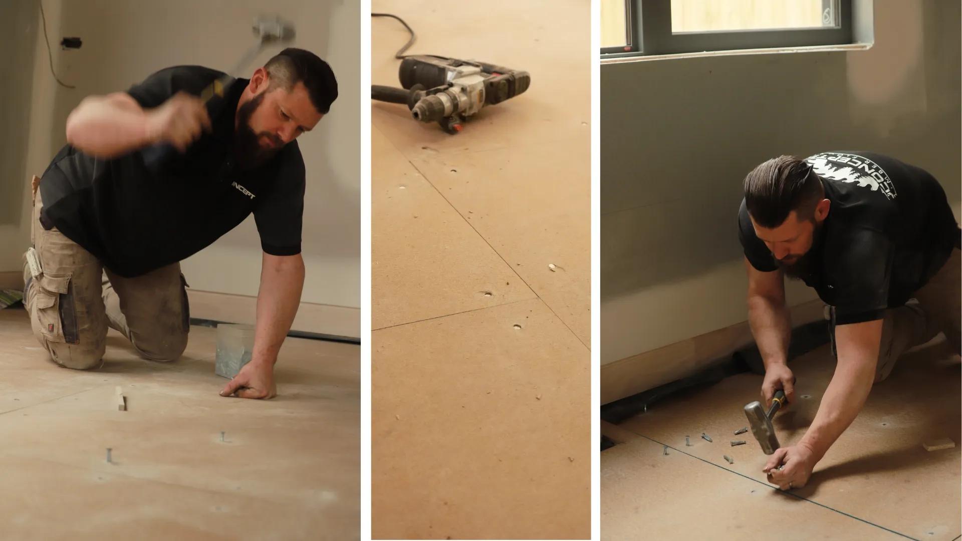 The images are collaged together to show a person installing STRUCTAflor