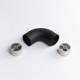 A fixed 90 degree black metal tube connector positioned between two silver circular mounting inserts 65mm x 43mm