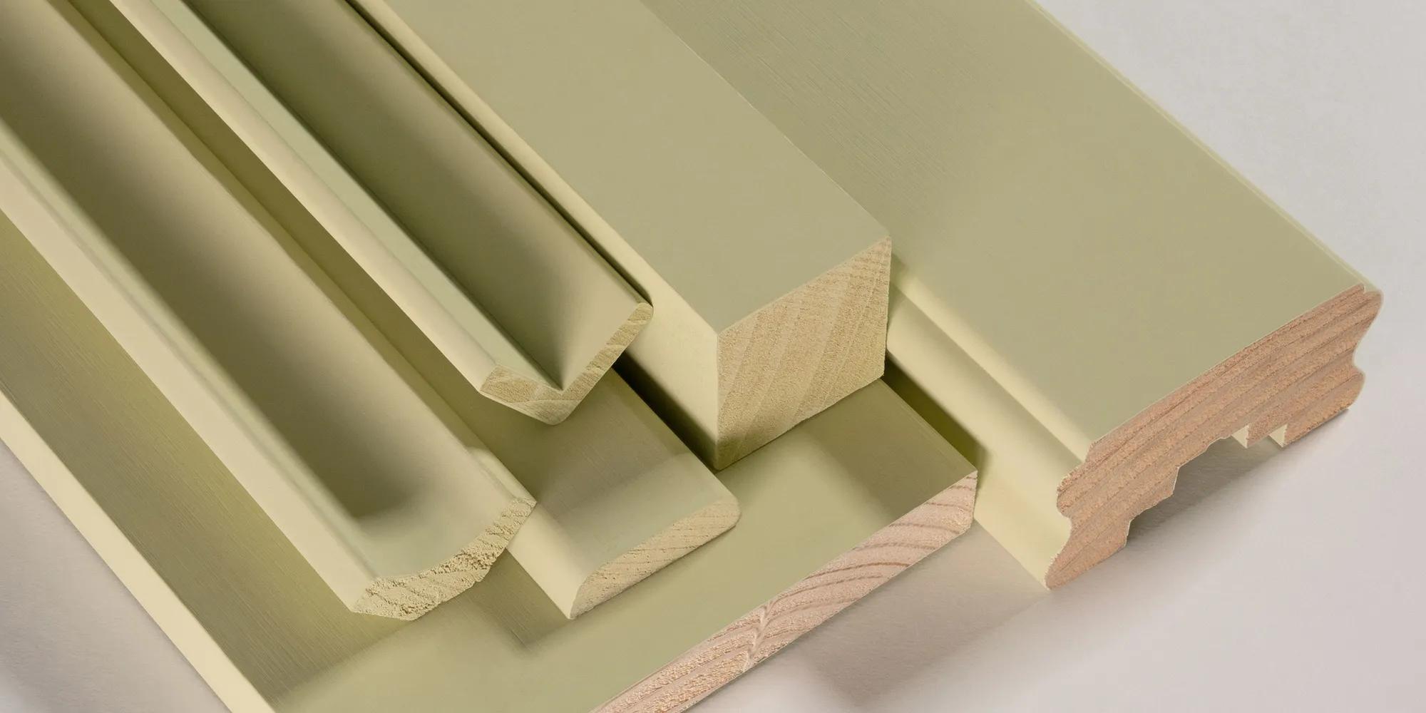 A set of wooden planks arranged in an orderly manner against a white background