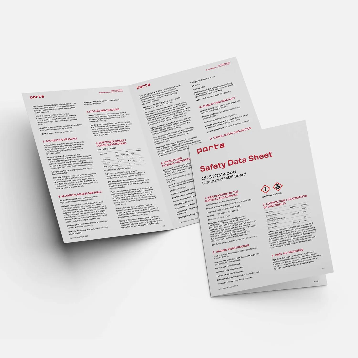 A two-page document displayed against a white background. The document appears to be an informational sheet, possibly a manual or brochure, containing text and graphics. It features a header at the top of each page with the title "PORTA DATA SHEET" on both pages in bold black font, indicating that this is likely the name of the publication. Below the header, there are paragraphs of text on the left page, which seem to contain instructions or guidelines related to the document's content. The right page contains a table with columns labeled "PORTA DATA SHEET," "TABLA DE REFERENCIA," and "CORRECTIONS," though the specific data within these tables is not visible in the provided image. At the bottom of both pages, there are logos or icons that resemble a shield with a checkmark inside it, possibly signifying safety or quality assurance, along with text that reads "SAFETY DATA SHEET" on the left page and "CORRECTIONS" on the right. The style of the document is formal, suggesting that it may be used in an industrial or technical context to convey important information about safety protocols or data reference standards