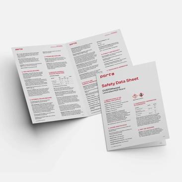 A two-page document displayed against a white background. The document appears to be an informational sheet, possibly a manual or brochure, containing text and graphics. It features a header at the top of each page with the title "PORTA DATA SHEET" on both pages in bold black font, indicating that this is likely the name of the publication. Below the header, there are paragraphs of text on the left page, which seem to contain instructions or guidelines related to the document's content. The right page contains a table with columns labeled "PORTA DATA SHEET," "TABLA DE REFERENCIA," and "CORRECTIONS," though the specific data within these tables is not visible in the provided image. At the bottom of both pages, there are logos or icons that resemble a shield with a checkmark inside it, possibly signifying safety or quality assurance, along with text that reads "SAFETY DATA SHEET" on the left page and "CORRECTIONS" on the right. The style of the document is formal, suggesting that it may be used in an industrial or technical context to convey important information about safety protocols or data reference standards