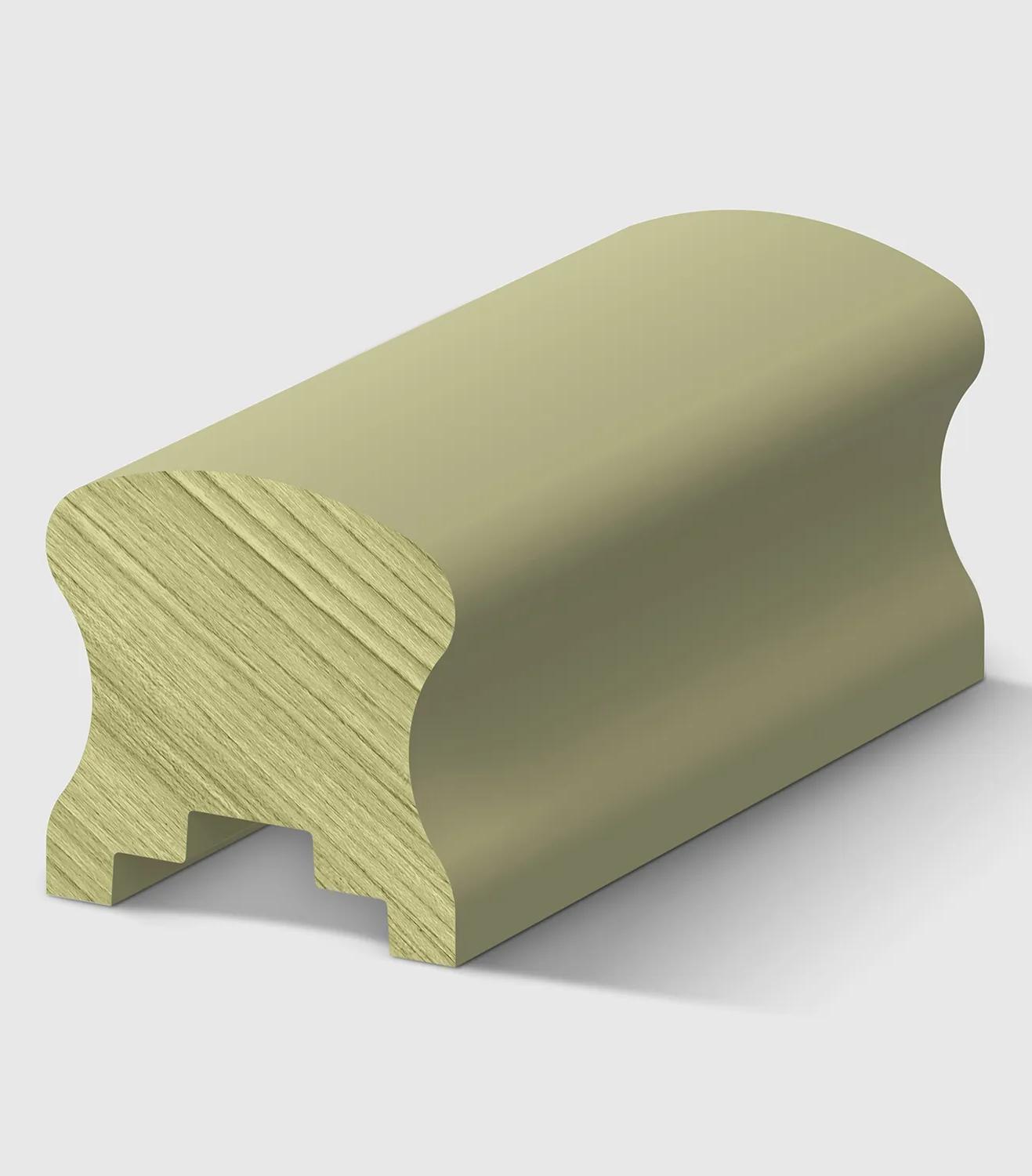 A timber handrail profile with a rounded top and concave sides, with a detailed notched section on the underside H3 Primed FJ Pine 66 x 66mm