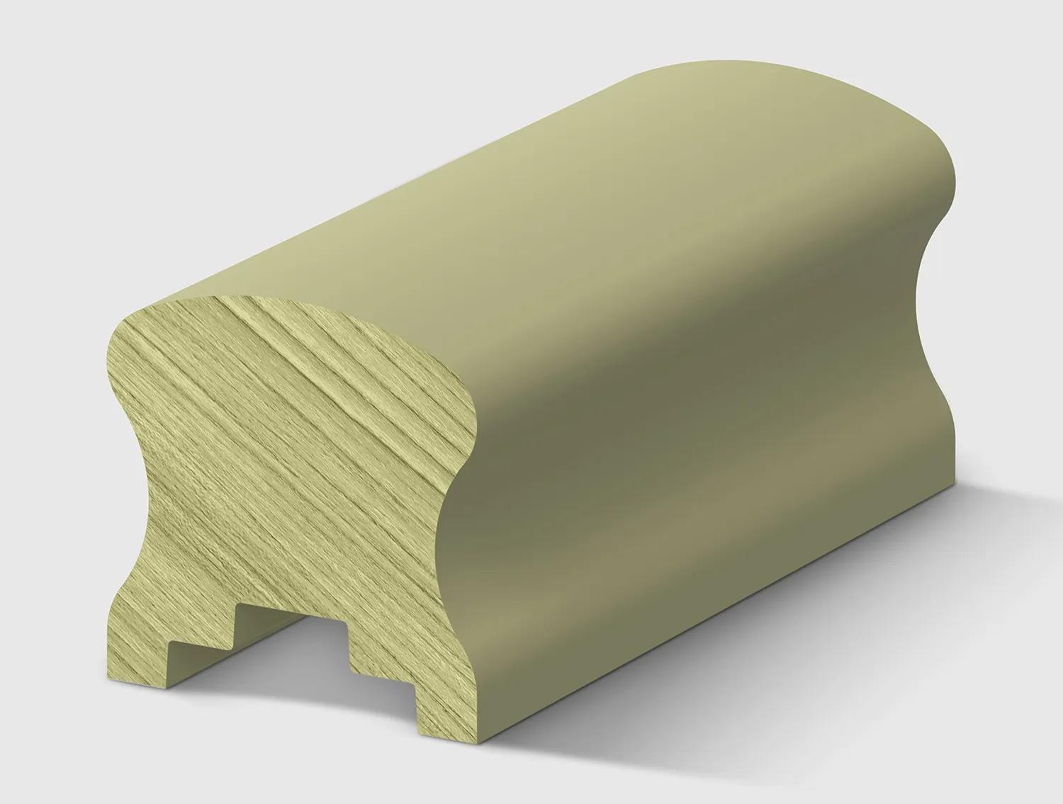 A timber handrail profile with a rounded top and concave sides, with a detailed notched section on the underside H3 Primed FJ Pine 66 x 66mm