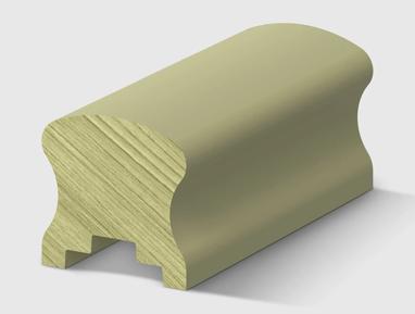 A timber handrail profile with a rounded top and concave sides, with a detailed notched section on the underside H3 Primed FJ Pine 66 x 66mm
