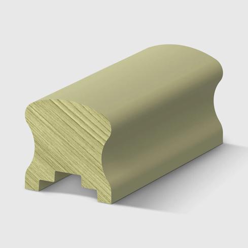 A timber handrail profile with a rounded top and concave sides, with a detailed notched section on the underside H3 Primed FJ Pine 66 x 66mm
