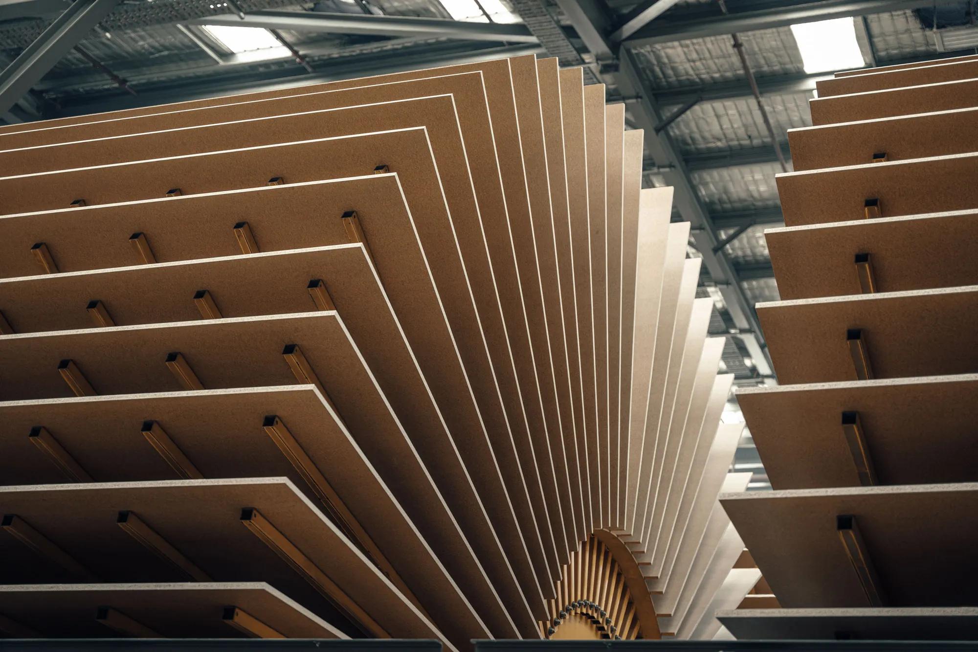 STRUCTAflor panels stacked vertically in storage racks