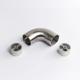 A fixed 90 Degree Stainless Steel metal tube connector positioned between two silver circular mounting inserts 65mm x 43mm