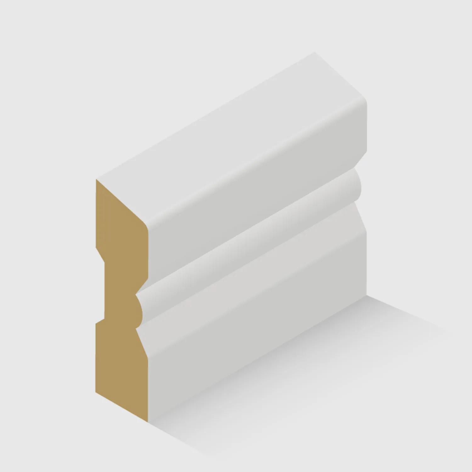 An MDF skirting board with a decorative curved and stepped profile along the top edge 42 x 12mm